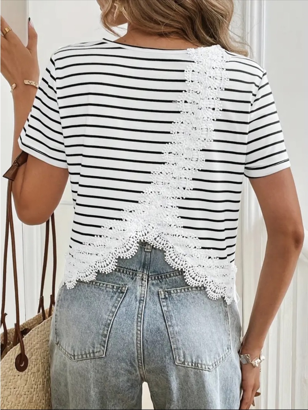 NWT. Striped White & Black Short Sleeve Top with Lace Hem